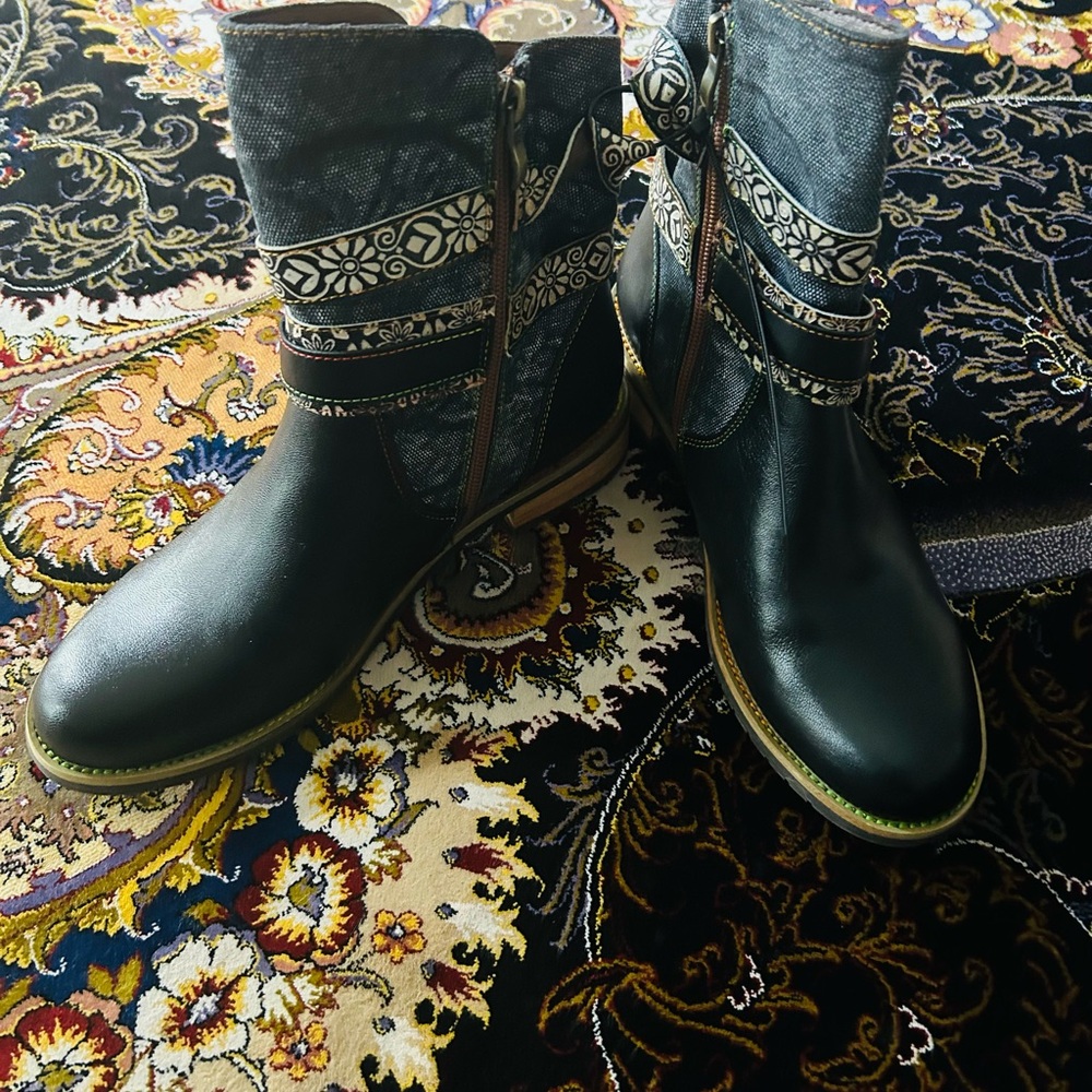 Black Boho Floral Ankle Boots